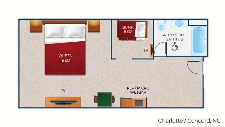 The floor plan for the accessible bathtub KidKamp Suite